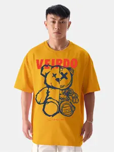VEIRDO Mustard Yellow Graphic Printed Drop Shoulder Sleeves Cotton Oversized T-shirt
