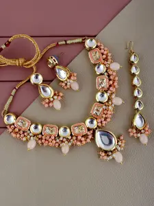 LUCKY JEWELLERY 18K Gold-Plated Kundan-Studded Necklace and Earrings With Maangtika