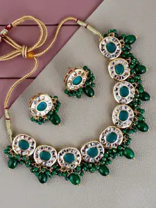 LUCKY JEWELLERY 18K Gold-Plated Kundan-Studded & Beaded Necklace and Earrings