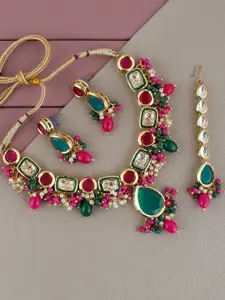 LUCKY JEWELLERY Gold-Plated Kundan-Studded & Beaded Necklace and Earrings With Maangtika