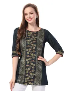 keshubaba Floral Printed Denim Kurti