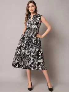 DECKEDUP Floral Printed Mandarin Collar Gathered Fit & Flare Midi Dress