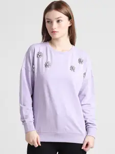 ONLY Onlflower Crystal Round Neck Embellished Pullover Pure Cotton Sweatshirt