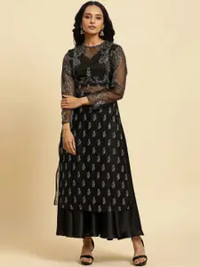 WISHFUL Ethnic Motifs Embroidered Beads and Stones Kurta with Skirt
