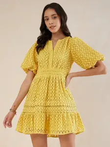 Femella Self Designed Puff Sleeves Pure Cotton A-Line Dress