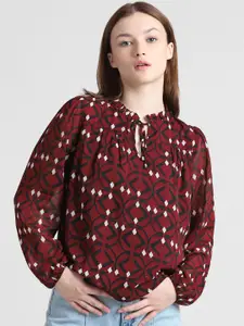 ONLY Geometric Printed Puff Sleeves Gathered Tie-Up Neck Top