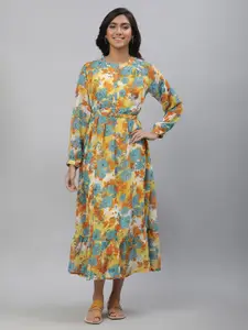 AURELIA Floral Printed Cuffed Sleeves Pleated A-Line Midi Dress