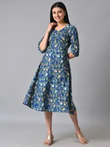 AURELIA Floral Printed V-Neck Puff Sleeves A-Line Midi Dress
