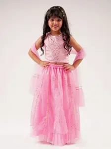 LIL DRAMA Girls Embroidered Ready to Wear Lehenga & Blouse With Dupatta
