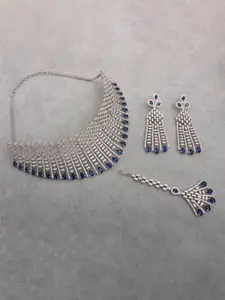 Mirana Rhodium-Plated Cubic Zirconia-Studded Necklace With Earrings & Maang Tika