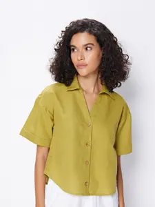 COVER STORY Olive Spread Collar Short Sleeves Casual Shirt