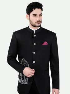 FRENCH CROWN Self Design Mandarin Collar Bandhgala Formal Blazer