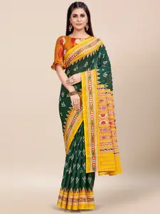 Saree mall Green & Yellow Ethnic Motifs Printed Pure Cotton Ikat Sarees