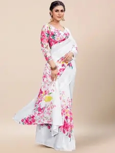 Saree mall White & Pink Floral Printed Pure Cotton Block Print Sarees