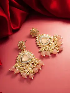 aadita Gold-Plated Pearl Kundan-Studded Geometric Drop Earrings