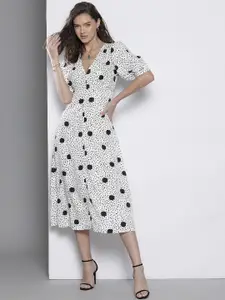 Boohoo Polka Dots Print Puff Sleeves A-Line Midi Dress