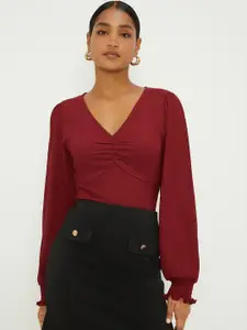 DOROTHY PERKINS Solid Puff Sleeves Ruched Detail Top