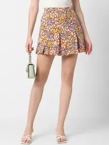 VASTRADO Floral Printed Pure Cotton Flared Pleated Mini Skirt