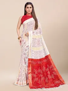 Saree mall White & Red Bandhani Printed Zari Pure Cotton Bandhani Sarees