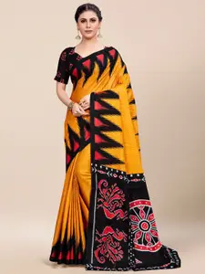Saree mall Yellow & Black Geometric Printed Pure Cotton Ikat Sarees