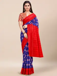 Saree mall Blue & Red Ethnic Motifs Printed Pure Cotton Ikat Sarees
