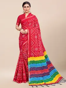 Saree mall Red & Green Bandhani Printed Pure Cotton Bandhani Sarees