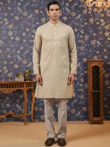 House of Pataudi Ethnic Motifs Printed Sequinned Pure Cotton Straight Kurta With Trouser