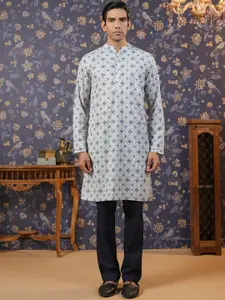 House of Pataudi Ethnic Motifs Printed Thread Work Pure Cotton Kurta With Trousers