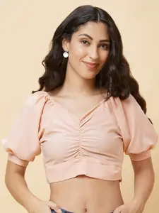 Globus V-Neck Gathered or Pleated Puff Sleeve Crop Top