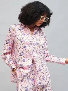 SASSAFRAS Floral Printed Oversized Satin Casual Shirt