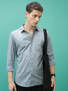 HIGHLANDER Grey Slim Fit Grid Tattersall Checked Cotton Casual Shirt