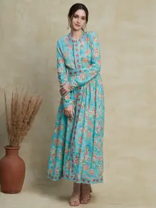 FASHOR Blue Floral Printed Mandarin Collar Cotton Embroidered Tie-Up Maxi Ethnic Dress