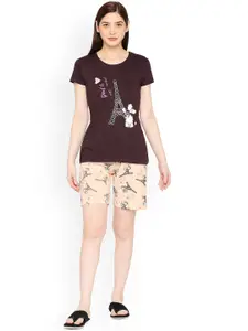 zebu Graphic Printed Round Neck Short Sleeves Pure Cotton T-Shirt & Shorts