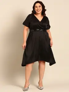 The Pink Moon Plus Size V-Neck Extended Sleeves Fit & Flare Midi Dress