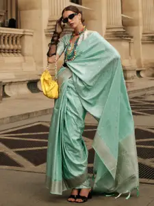 Saree mall Sea Green & Gold-Toned Woven Design Zari Satin Banarasi Sarees