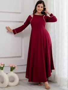DRESSAR Round Neck Long Sleeves Cut-Outs Fit and Flare Dress