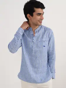 Andamen Striped Mandarin Collar Cuffed Sleeves Linen Straight Kurta