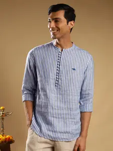 Andamen Premium Slim Fit Vertical Stripes Mandarin Collar Long Sleeves Linen Casual Shirt
