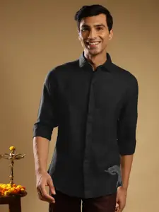 Andamen Premium Spread Collar Long Sleeves Embroidered Linen Casual Shirt