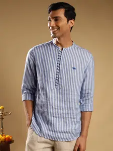 Andamen Premium Vertical Stripes Mandarin Collar Long Sleeves Linen Casual Shirt