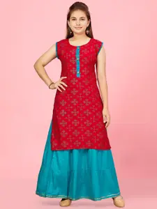 Aarika Girls Ethnic Motifs Printed Sleeveless Cotton Straight Kurta