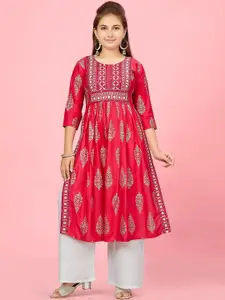 Aarika Girls Ethnic Motifs Printed Sequinned Cotton A-Line Kurta