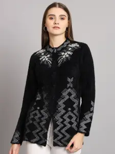 eWools Floral Printed Round Neck Long Sleeves Woollen Cardigan Sweater