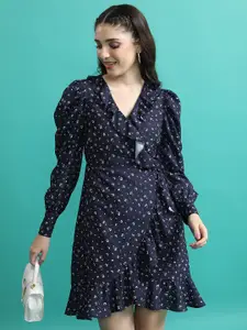 Tokyo Talkies Navy Blue Polka Dot Print Puff Sleeve Mini Dress