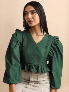 Tokyo Talkies Green V-Neck Lace Inserts Puff Sleeves Peplum Crop Top