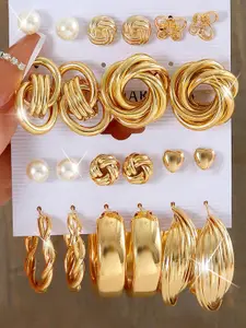Shining Diva Fashion Set Of 11 Gold-Plated Contemporary Studs Earrings