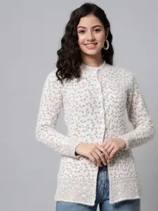 eWools Floral Printed Mock Collar Long Sleeve Woollen Cardigan Sweaters