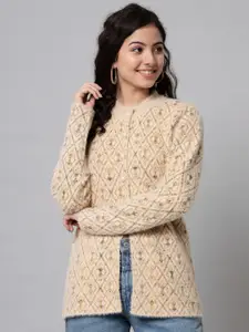 eWools Geometric Printed Woolen Cardigan Sweater