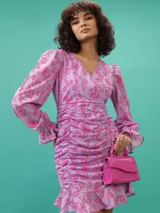 KETCH Pink Floral Printed Bell Sleeves Ruched Sheath Dress