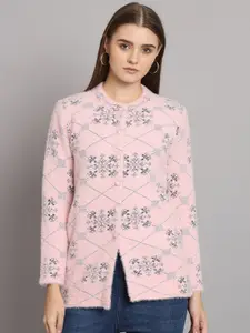 eWools Floral Printed Round Neck Long Sleeve Woollen Cardigan Sweaters
